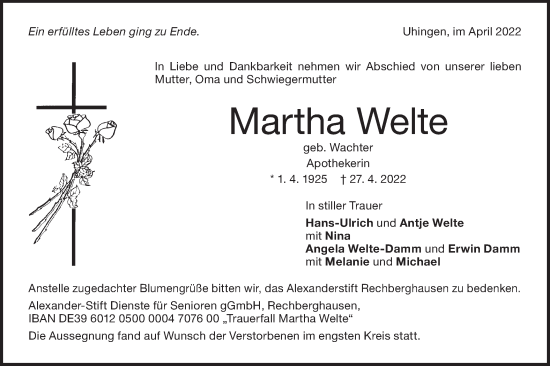 Traueranzeige von Martha Welte von NWZ Neue Württembergische Zeitung