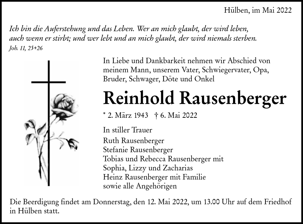  Traueranzeige für Reinhold Rausenberger vom 11.05.2022 aus Alb-Bote/Metzinger-Uracher Volksblatt