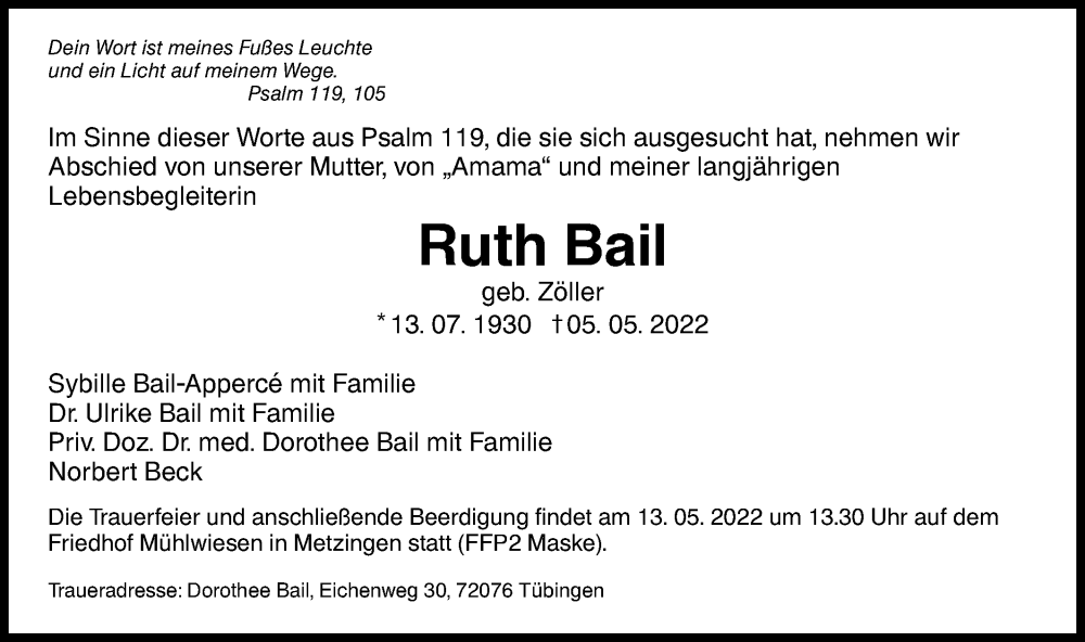  Traueranzeige für Ruth Bail vom 09.05.2022 aus Metzinger-Uracher Volksblatt