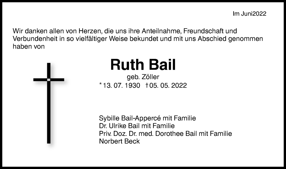  Traueranzeige für Ruth Bail vom 01.06.2022 aus Metzinger-Uracher Volksblatt