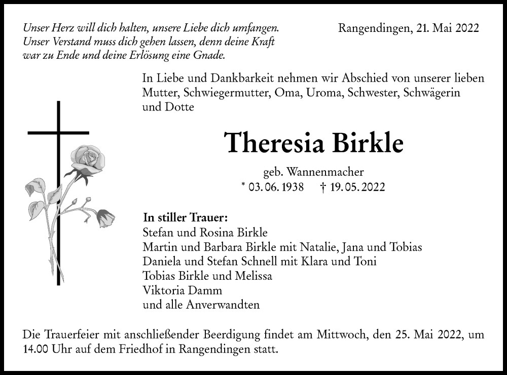  Traueranzeige für Theresia Birkle vom 21.05.2022 aus Metzinger-Uracher Volksblatt