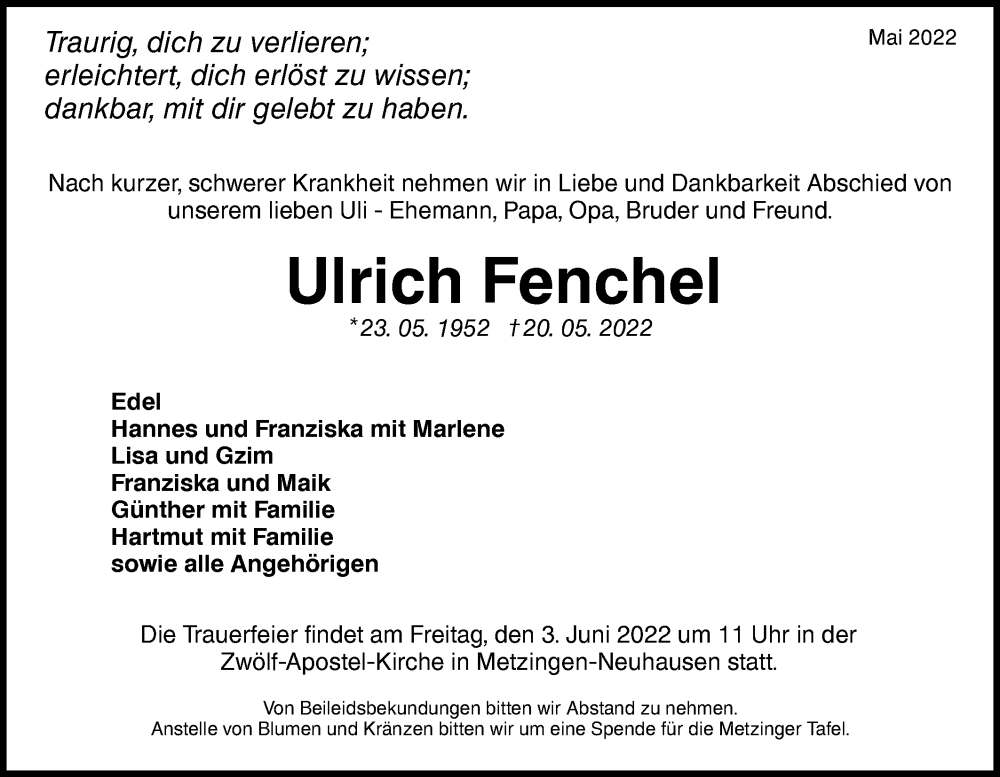  Traueranzeige für Ulrich Fenchel vom 28.05.2022 aus Metzinger-Uracher Volksblatt