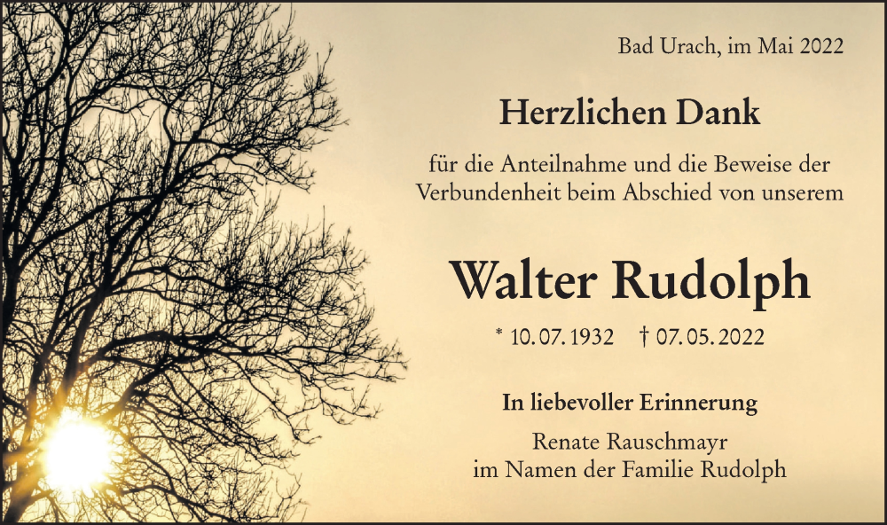  Traueranzeige für Walter Rudolph vom 27.05.2022 aus Metzinger-Uracher Volksblatt