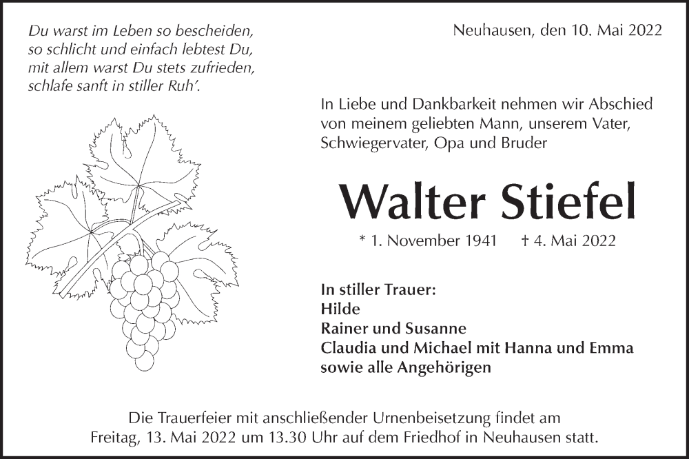  Traueranzeige für Walter Stiefel vom 10.05.2022 aus Metzinger-Uracher Volksblatt
