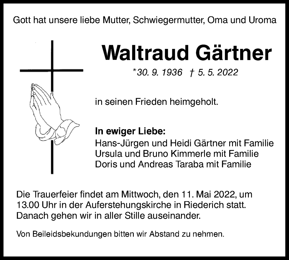  Traueranzeige für Waltraud Gärtner vom 10.05.2022 aus Metzinger-Uracher Volksblatt