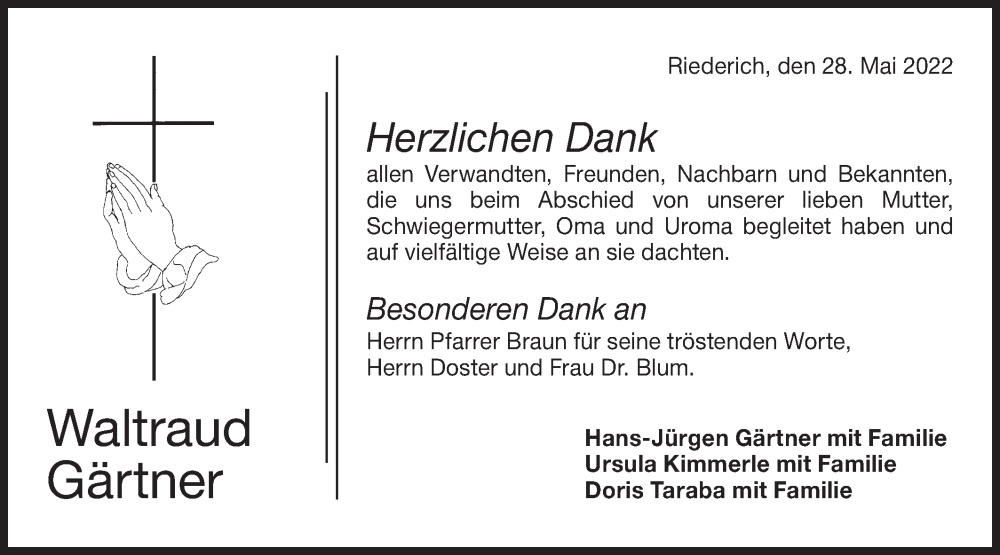  Traueranzeige für Waltraud Gärtner vom 28.05.2022 aus Metzinger-Uracher Volksblatt