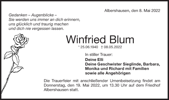Traueranzeige von Winfried Blum von NWZ Neue Württembergische Zeitung