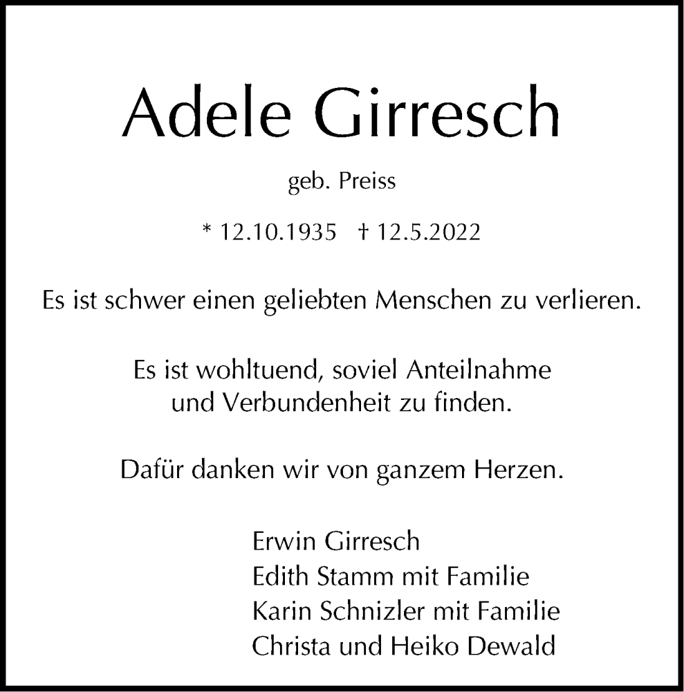  Traueranzeige für Adele Girresch vom 04.06.2022 aus Metzinger-Uracher Volksblatt