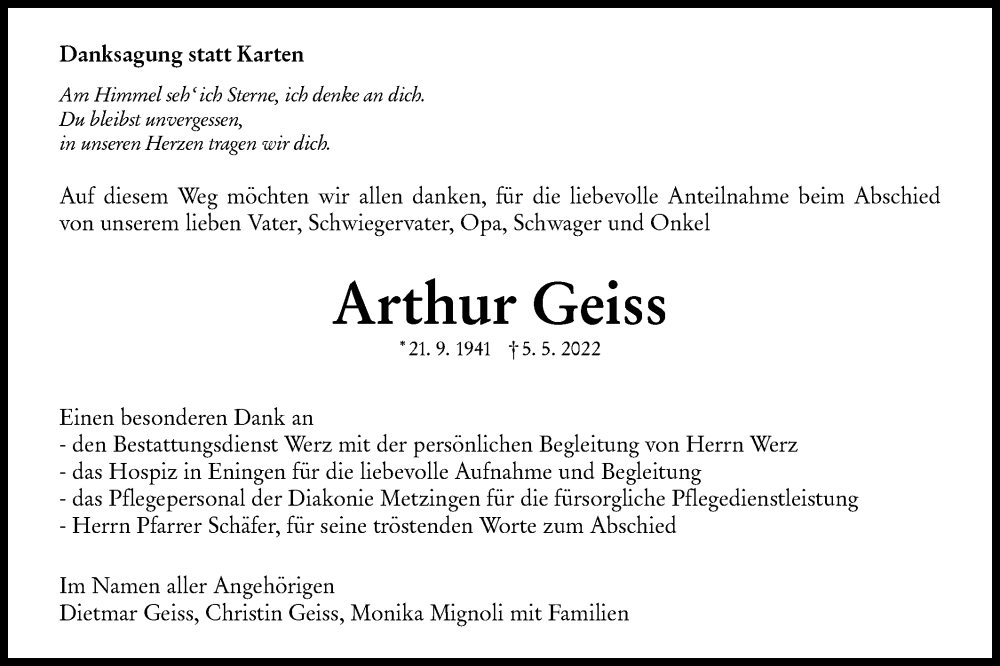  Traueranzeige für Arthur Geiss vom 11.06.2022 aus Metzinger-Uracher Volksblatt