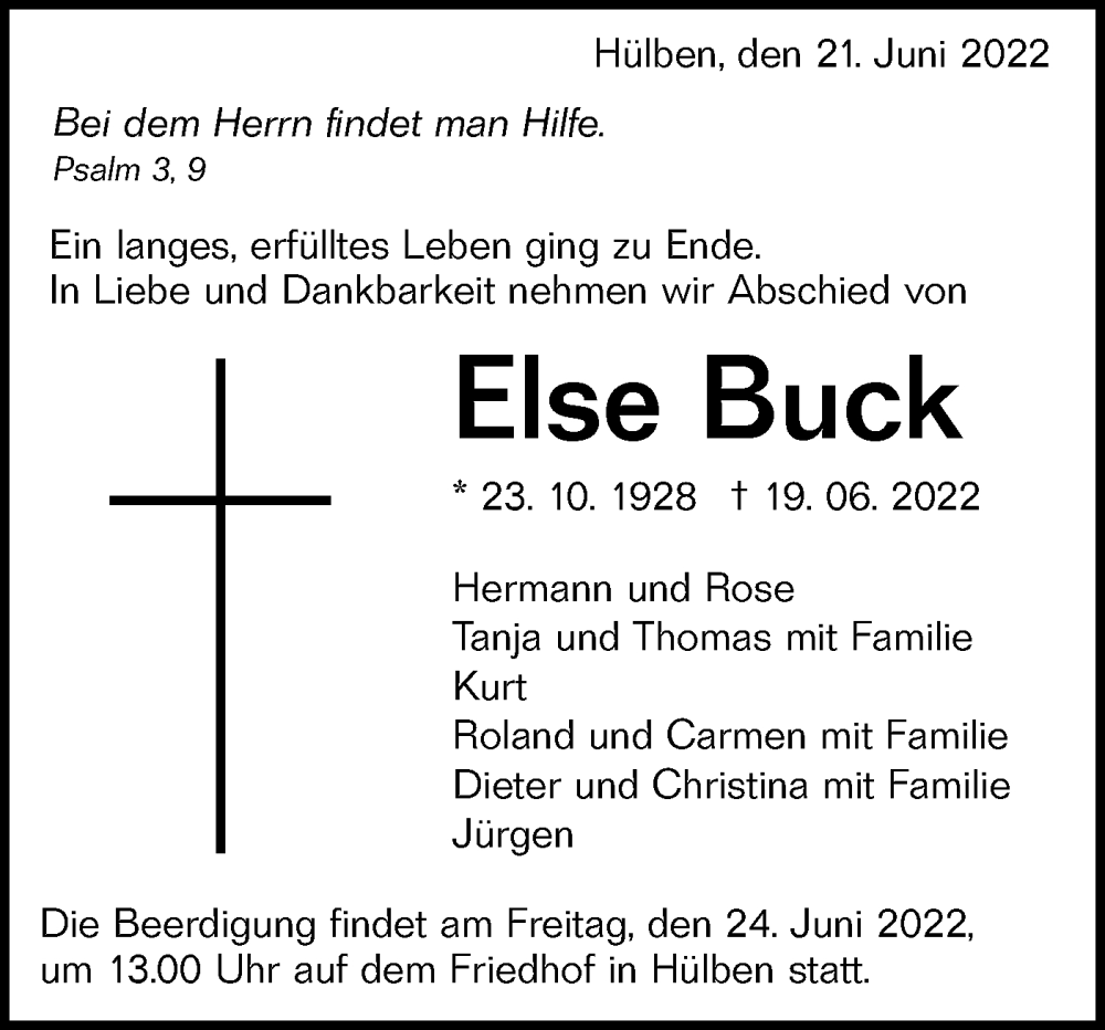  Traueranzeige für Else Buck vom 21.06.2022 aus Alb-Bote/Metzinger-Uracher Volksblatt