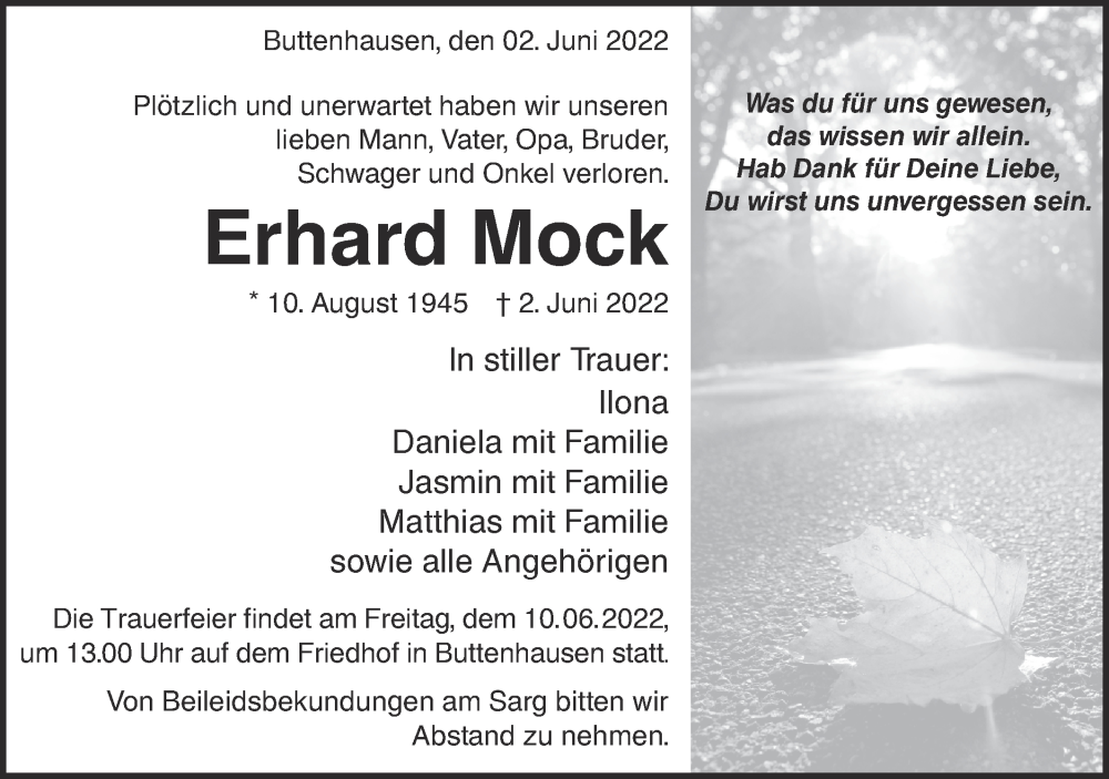  Traueranzeige für Erhard Mock vom 04.06.2022 aus Alb-Bote/Metzinger-Uracher Volksblatt