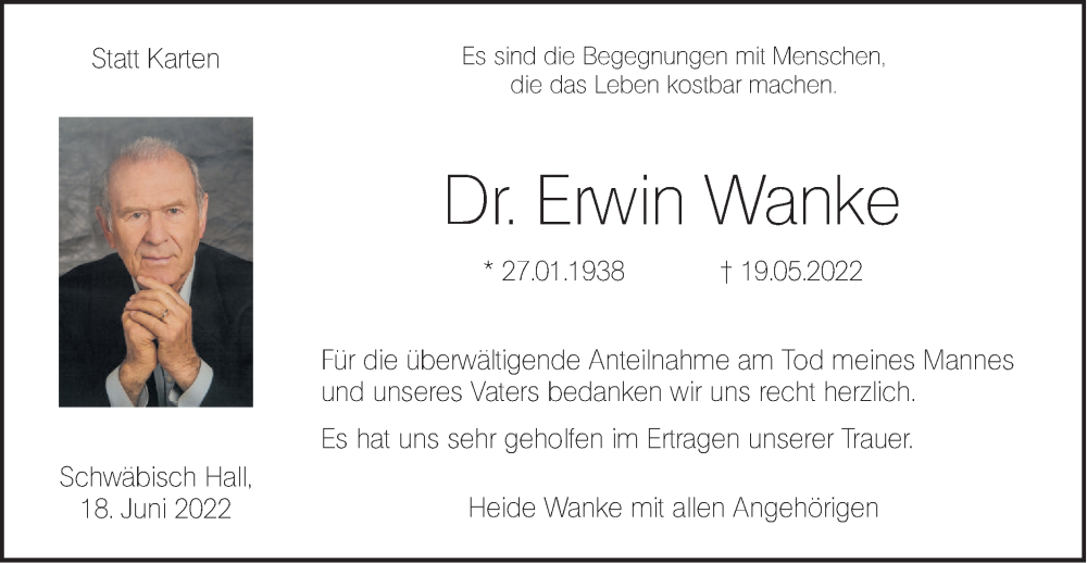  Traueranzeige für Erwin Wanke vom 18.06.2022 aus Haller Tagblatt