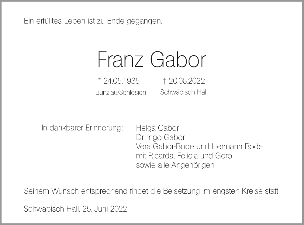 Traueranzeige für Franz Gabor vom 25.06.2022 aus Haller Tagblatt