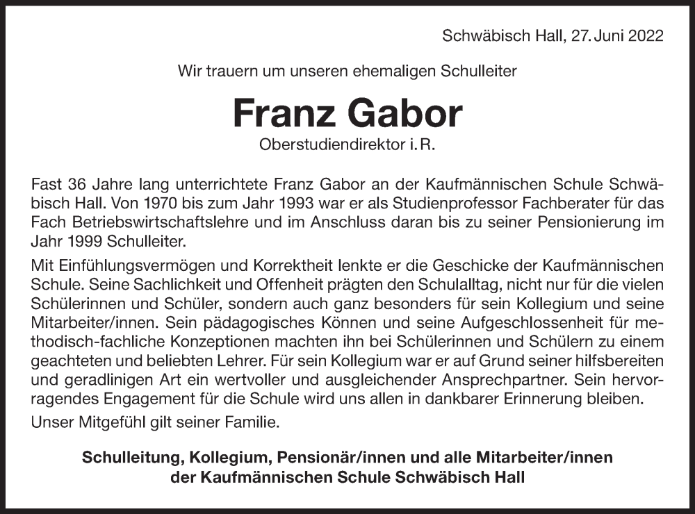  Traueranzeige für Franz Gabor vom 29.06.2022 aus Haller Tagblatt