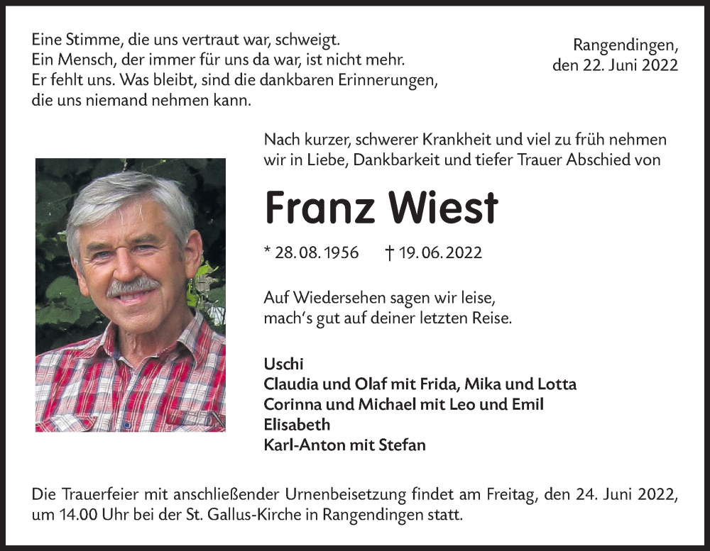  Traueranzeige für Franz Wiest vom 22.06.2022 aus Metzinger-Uracher Volksblatt