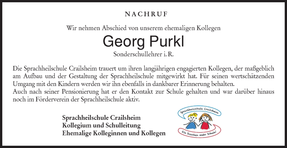  Traueranzeige für Georg Purkl vom 30.06.2022 aus Hohenloher Tagblatt