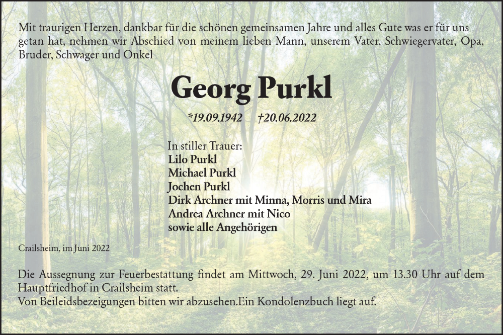  Traueranzeige für Georg Purkl vom 25.06.2022 aus Hohenloher Tagblatt