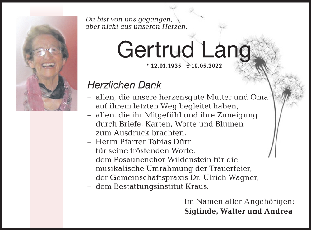  Traueranzeige für Gertrud Lang vom 10.06.2022 aus Hohenloher Tagblatt