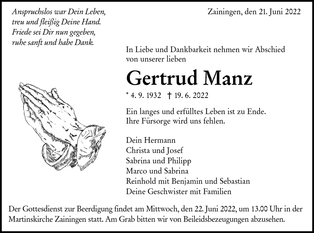  Traueranzeige für Gertrud Manz vom 21.06.2022 aus Alb-Bote/Metzinger-Uracher Volksblatt