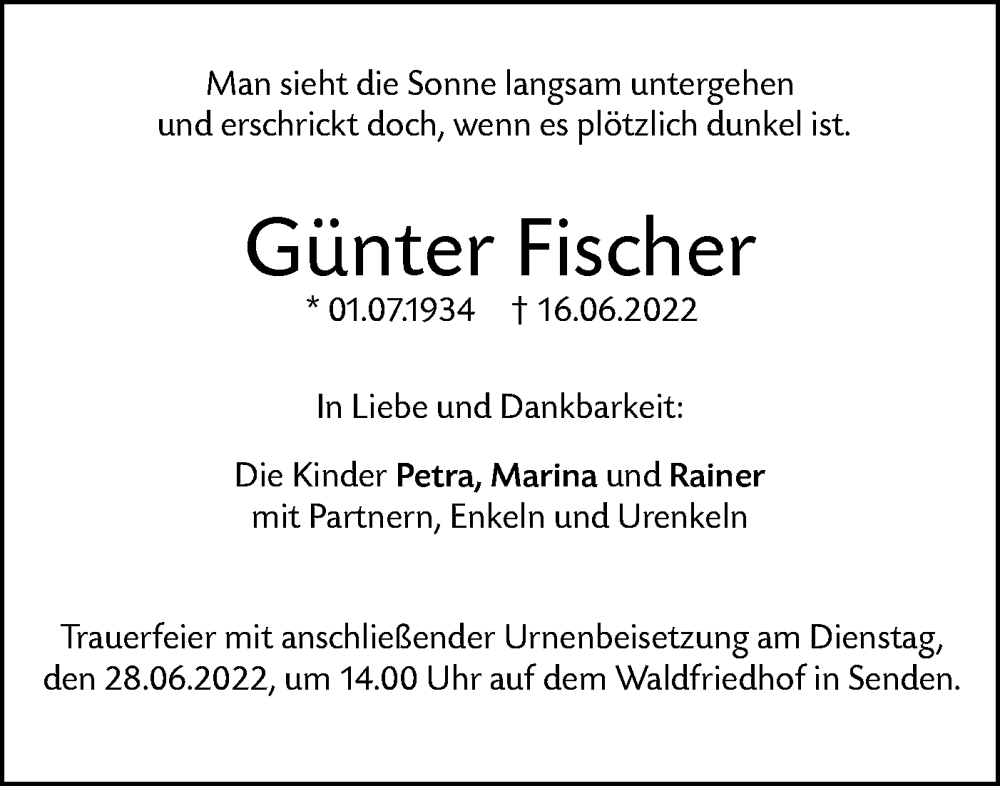  Traueranzeige für Günter Fischer vom 24.06.2022 aus SÜDWEST PRESSE Ausgabe Ulm/Neu-Ulm