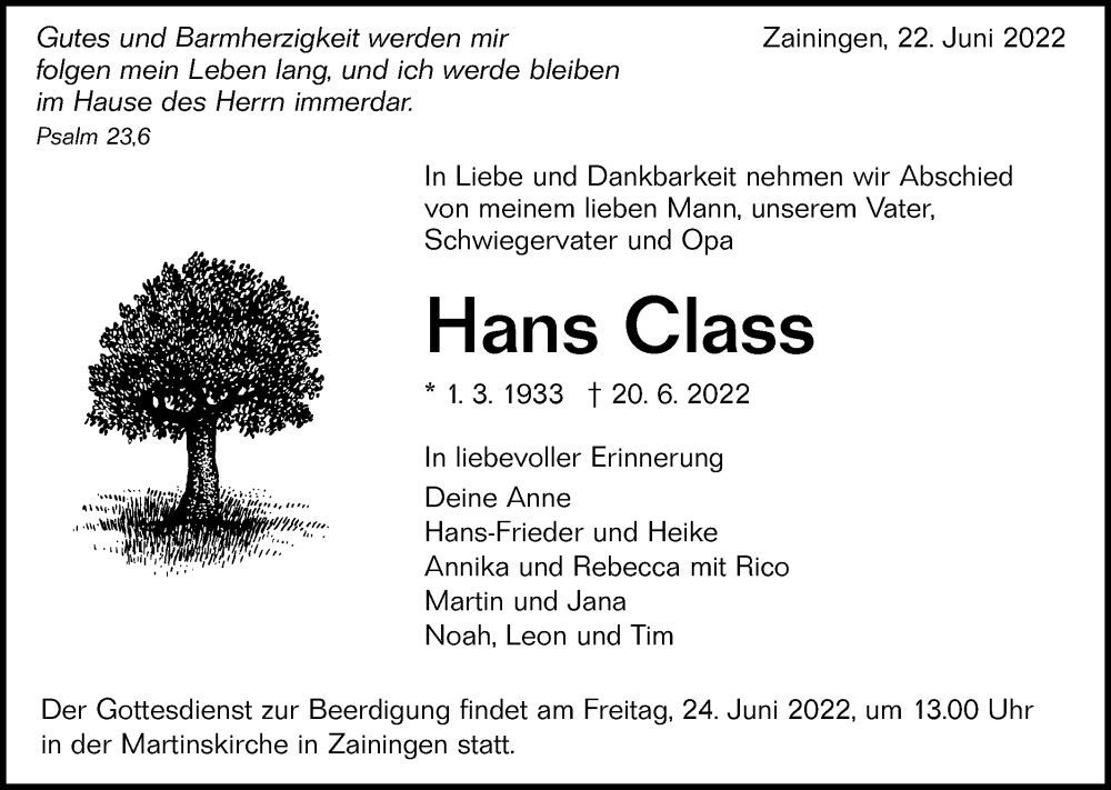  Traueranzeige für Hans Class vom 22.06.2022 aus Alb-Bote/Metzinger-Uracher Volksblatt