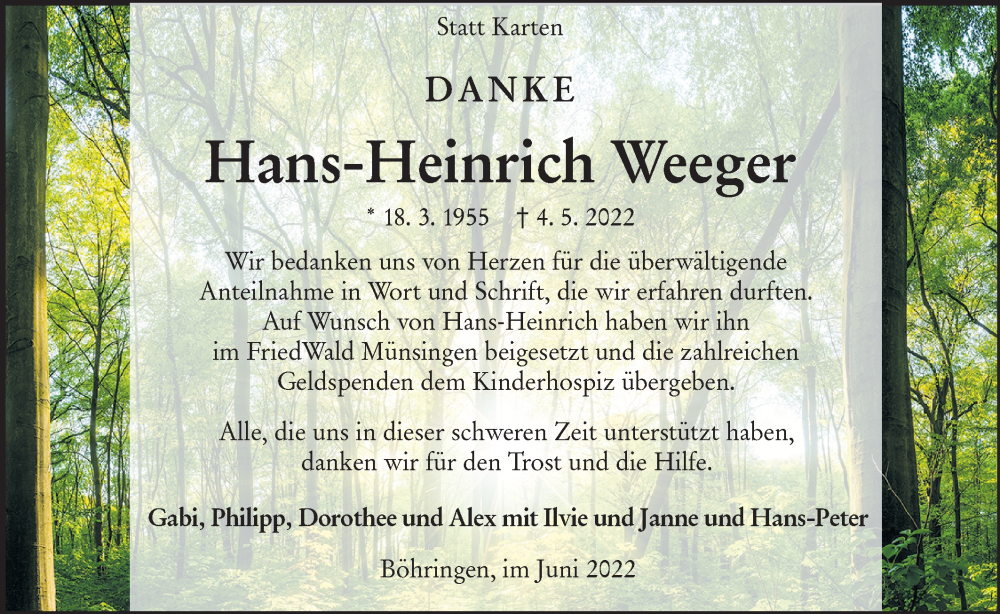  Traueranzeige für Hans-Heinrich Weeger vom 30.06.2022 aus Alb-Bote/Metzinger-Uracher Volksblatt