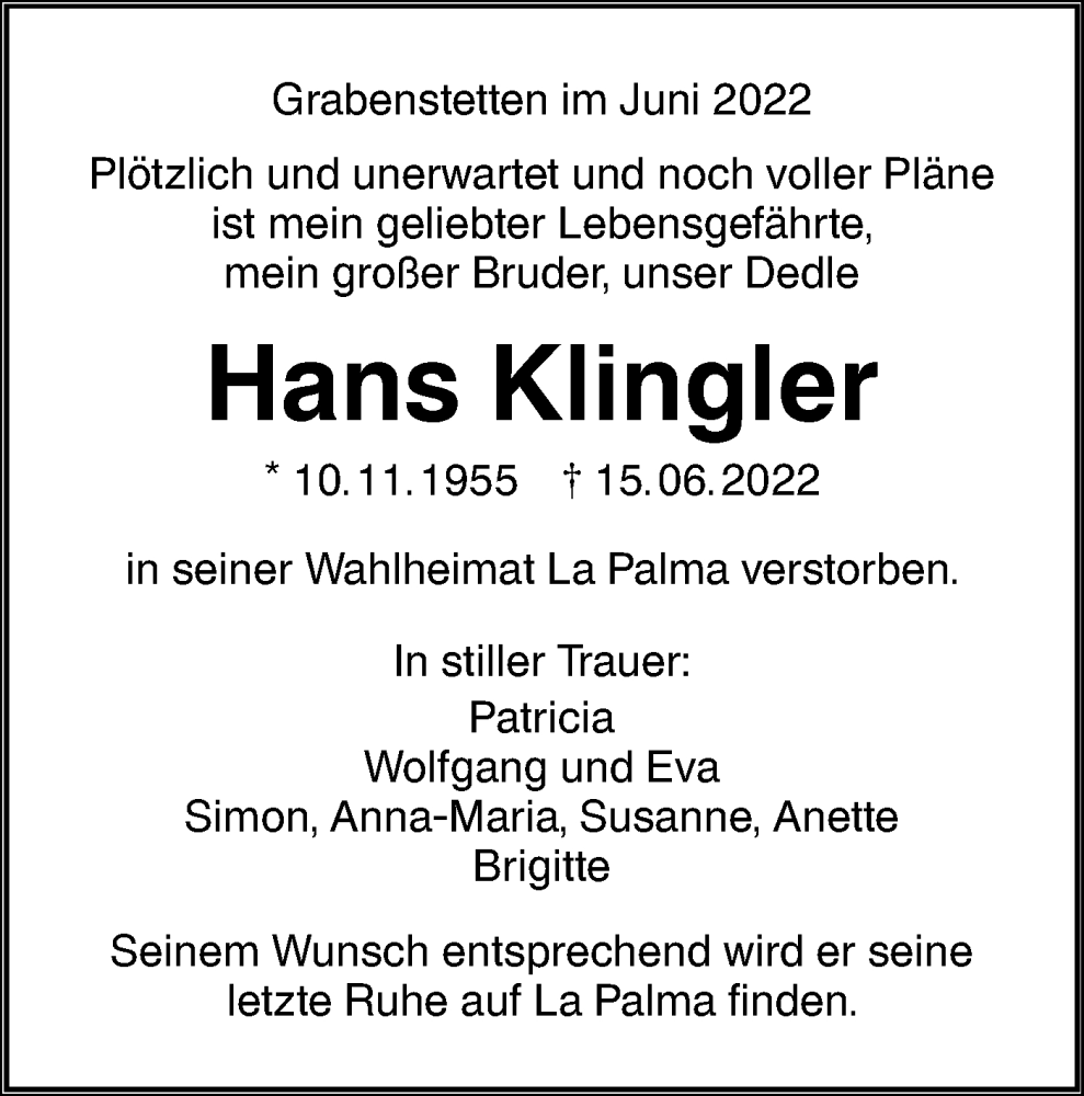  Traueranzeige für Hans Klingler vom 23.06.2022 aus Metzinger-Uracher Volksblatt