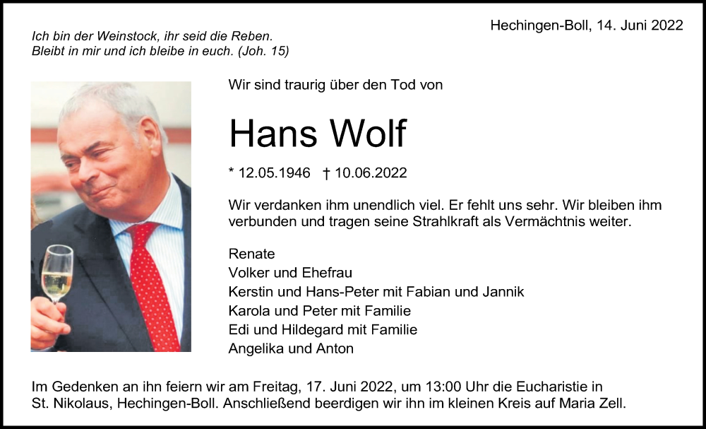  Traueranzeige für Hans Wolf vom 14.06.2022 aus Metzinger-Uracher Volksblatt