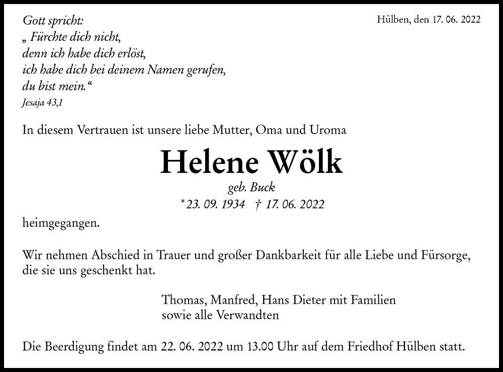  Traueranzeige für Helene Wölk vom 21.06.2022 aus Metzinger-Uracher Volksblatt