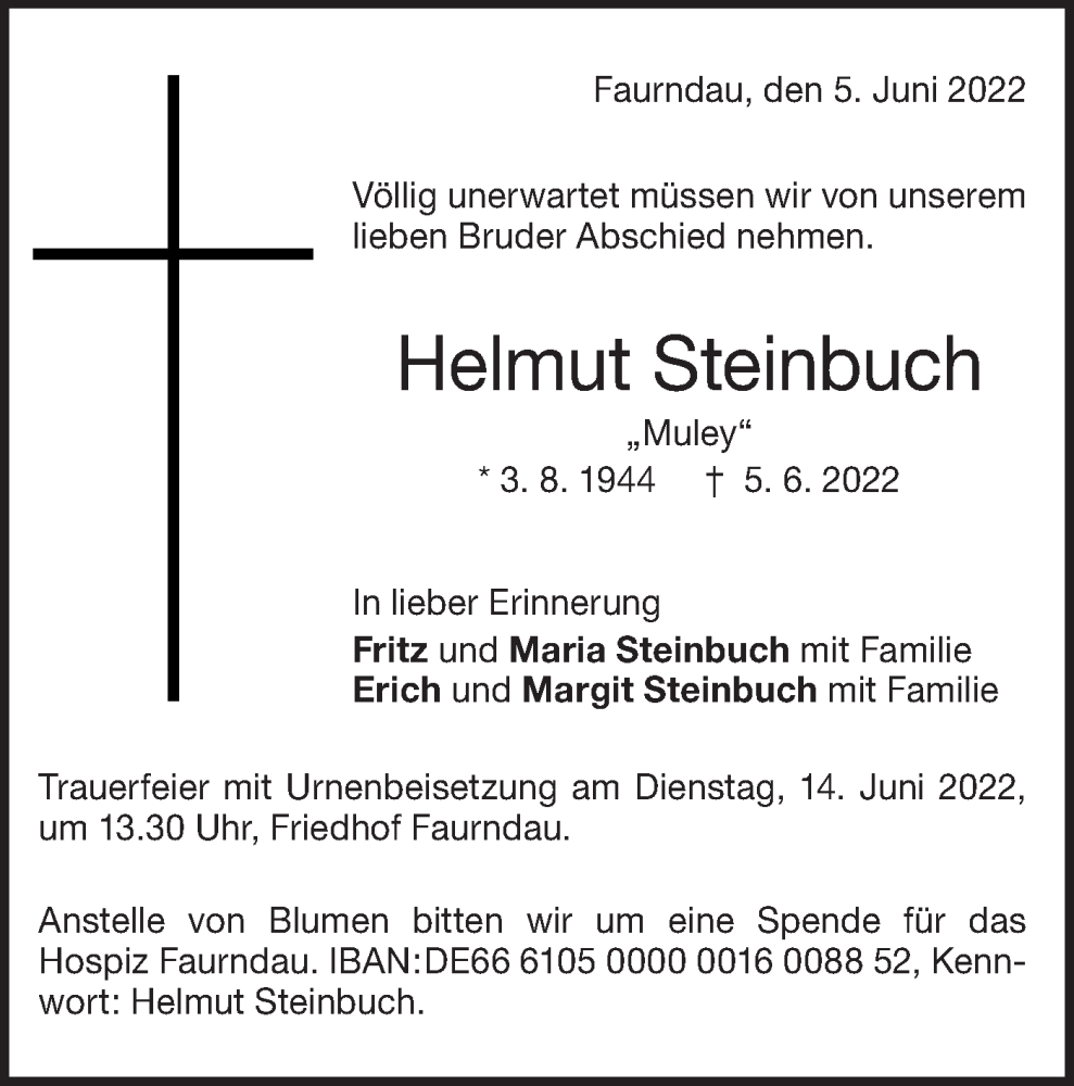  Traueranzeige für Helmut Steinbuch vom 09.06.2022 aus NWZ Neue Württembergische Zeitung