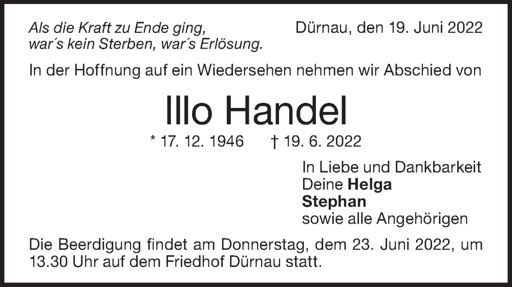  Traueranzeige für Illo Handel vom 21.06.2022 aus NWZ Neue Württembergische Zeitung