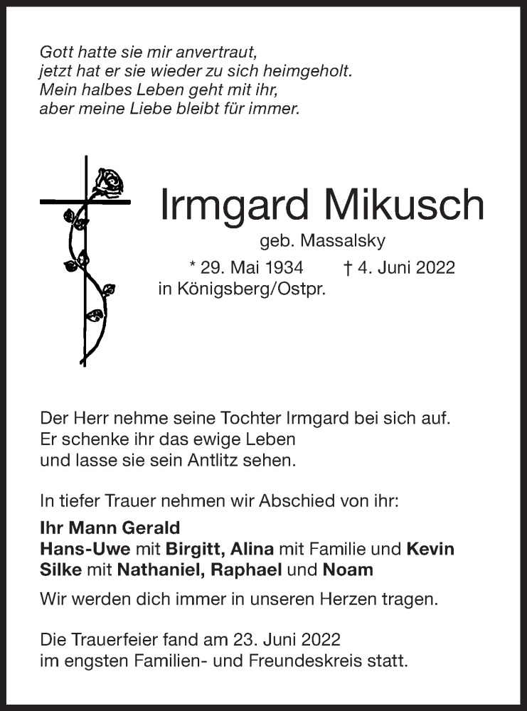  Traueranzeige für Irmgard Mikusch vom 24.06.2022 aus NWZ Neue Württembergische Zeitung