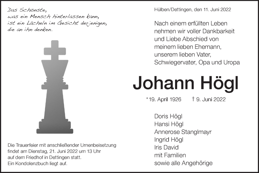  Traueranzeige für Johann Högl vom 11.06.2022 aus Metzinger-Uracher Volksblatt