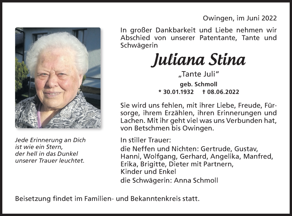  Traueranzeige für Juliana Stina vom 15.06.2022 aus Metzinger-Uracher Volksblatt