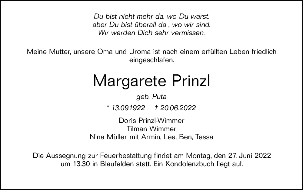  Traueranzeige für Margarete Prinzl vom 25.06.2022 aus Hohenloher Tagblatt