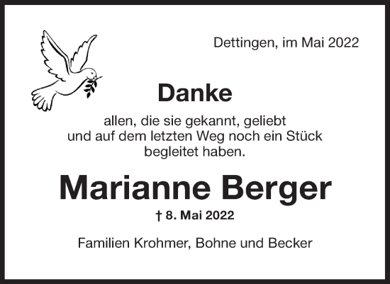 Traueranzeige von Marianne Berger von Metzinger-Uracher Volksblatt