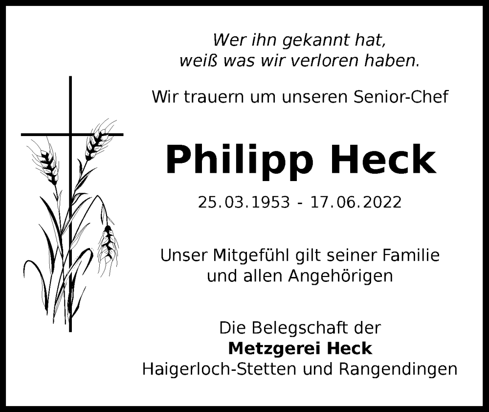  Traueranzeige für Philipp Heck vom 22.06.2022 aus Metzinger-Uracher Volksblatt