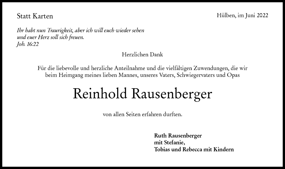  Traueranzeige für Reinhold Rausenberger vom 04.06.2022 aus Metzinger-Uracher Volksblatt