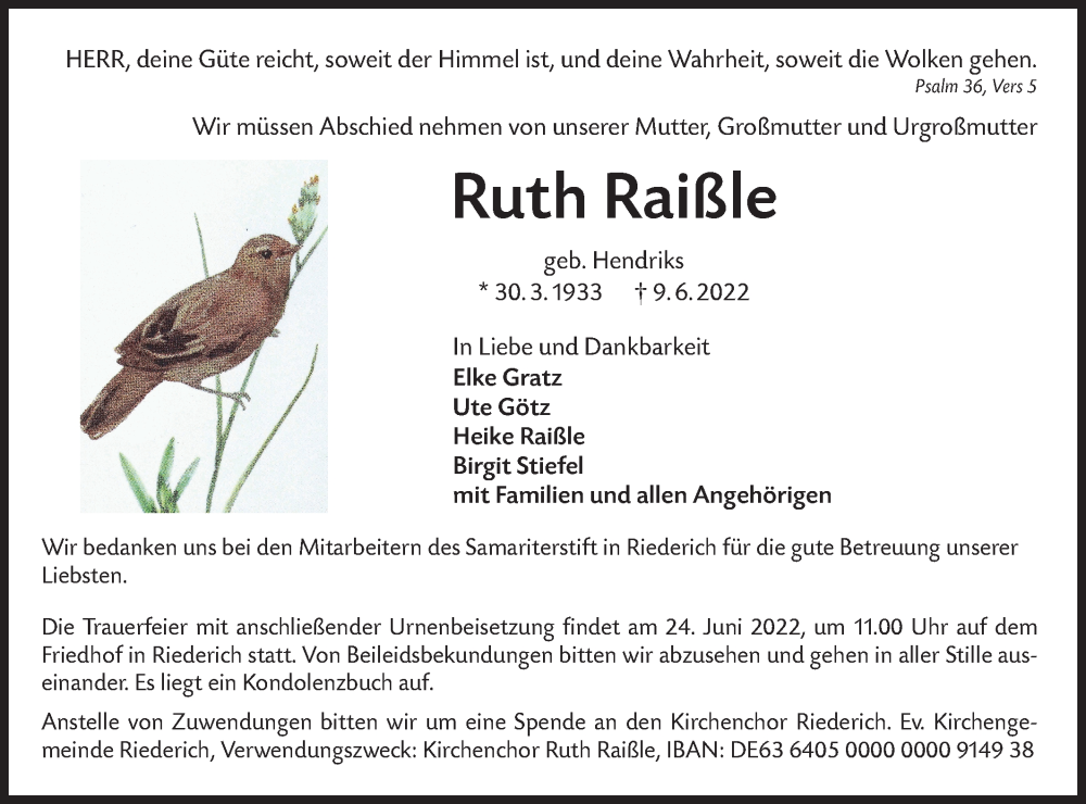  Traueranzeige für Ruth Raißle vom 18.06.2022 aus Metzinger-Uracher Volksblatt