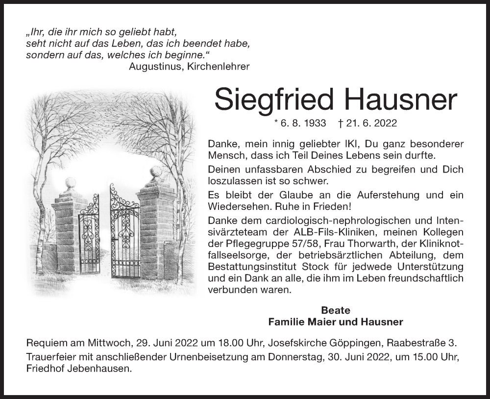  Traueranzeige für Siegfried Hausner vom 24.06.2022 aus NWZ Neue Württembergische Zeitung