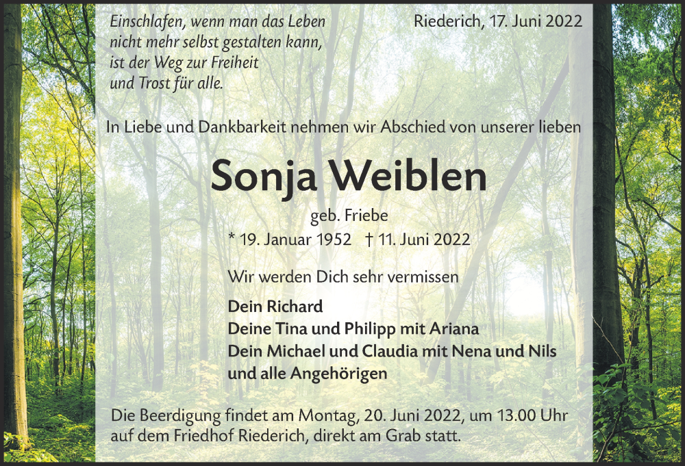  Traueranzeige für Sonja Weiblen vom 17.06.2022 aus Metzinger-Uracher Volksblatt