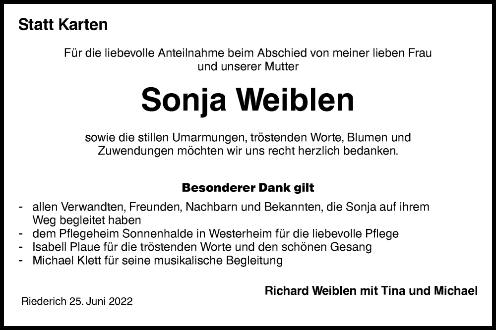  Traueranzeige für Sonja Weiblen vom 25.06.2022 aus Metzinger-Uracher Volksblatt