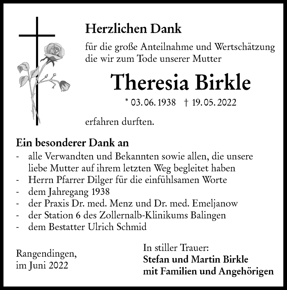  Traueranzeige für Theresia Birkle vom 15.06.2022 aus Metzinger-Uracher Volksblatt