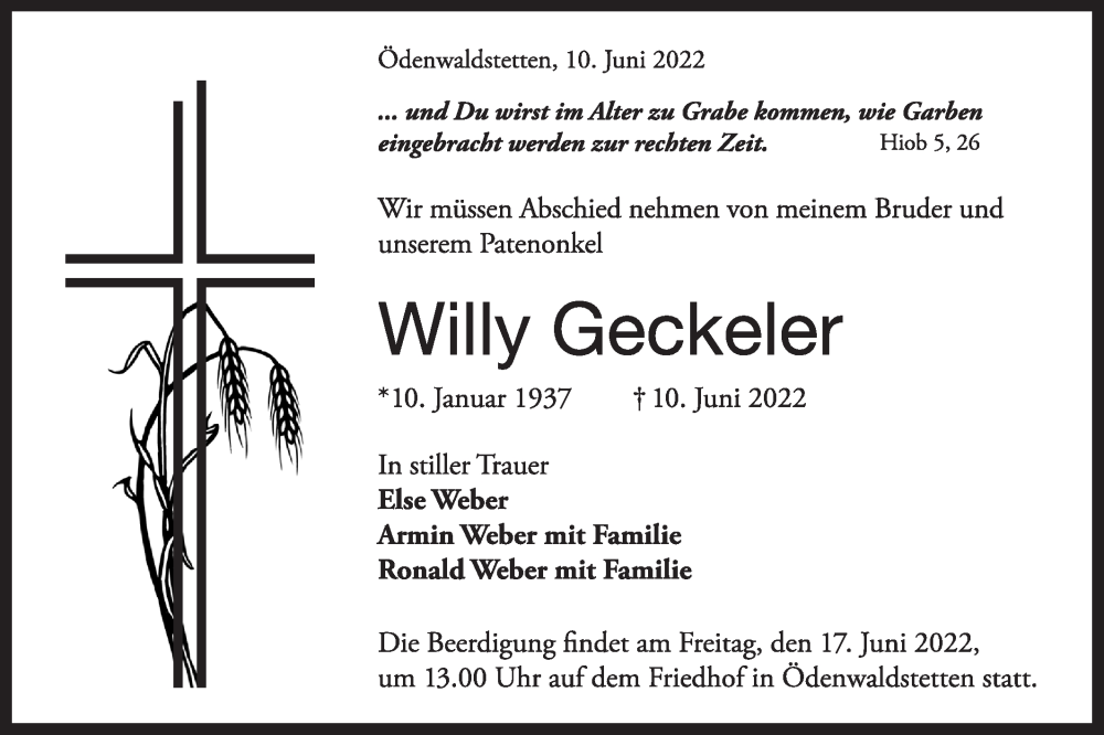  Traueranzeige für Willy Geckeler vom 15.06.2022 aus Alb-Bote/Metzinger-Uracher Volksblatt