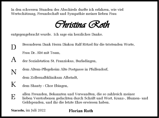 Traueranzeige von Christina Roth von Metzinger-Uracher Volksblatt