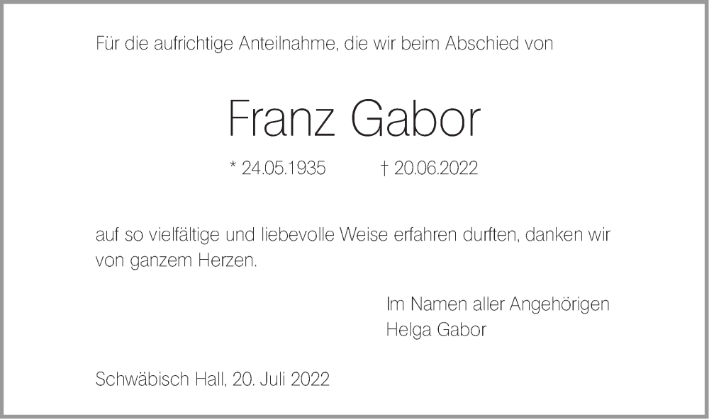  Traueranzeige für Franz Gabor vom 20.07.2022 aus Haller Tagblatt