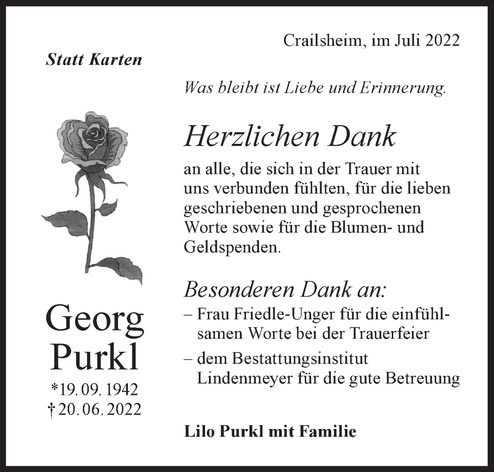  Traueranzeige für Georg Purkl vom 20.07.2022 aus Haller Tagblatt