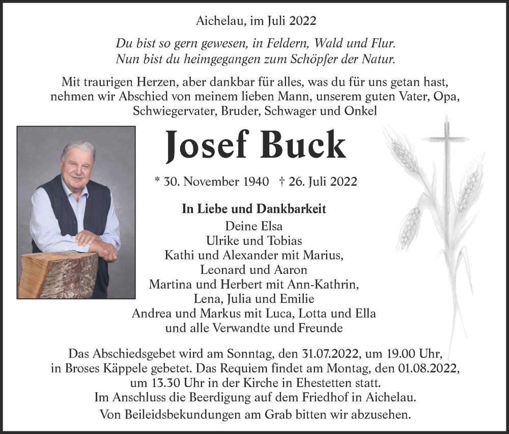  Traueranzeige für Josef Buck vom 30.07.2022 aus Alb-Bote/Metzinger-Uracher Volksblatt