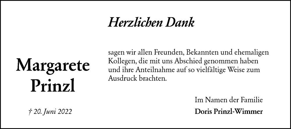  Traueranzeige für Margarete Prinzl vom 02.07.2022 aus Hohenloher Tagblatt