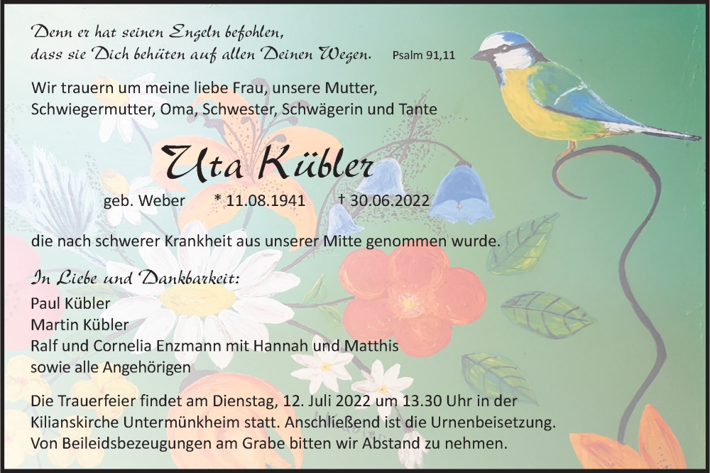  Traueranzeige für Uta Kübler vom 05.07.2022 aus Haller Tagblatt
